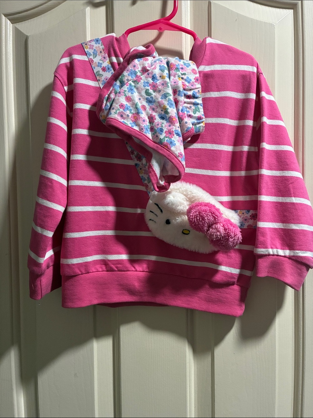 Girls' Pink Stripe Hoodie with Floral Hat and Plush Accent